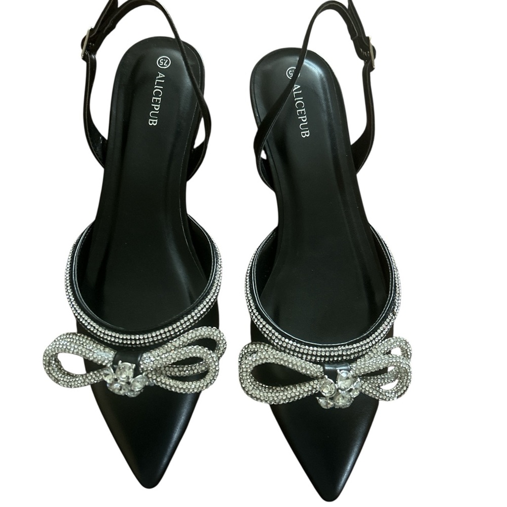 Designer inspired Blk Pointed Toe Slingback Rhinestone Bow Flats size 7.5 - New